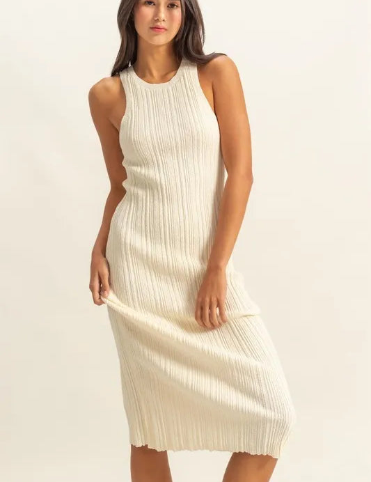 WHITE HYFVE White Round Neck Bodycon Ribbed Knit Dress | Midi Dresses Daverri Fashions