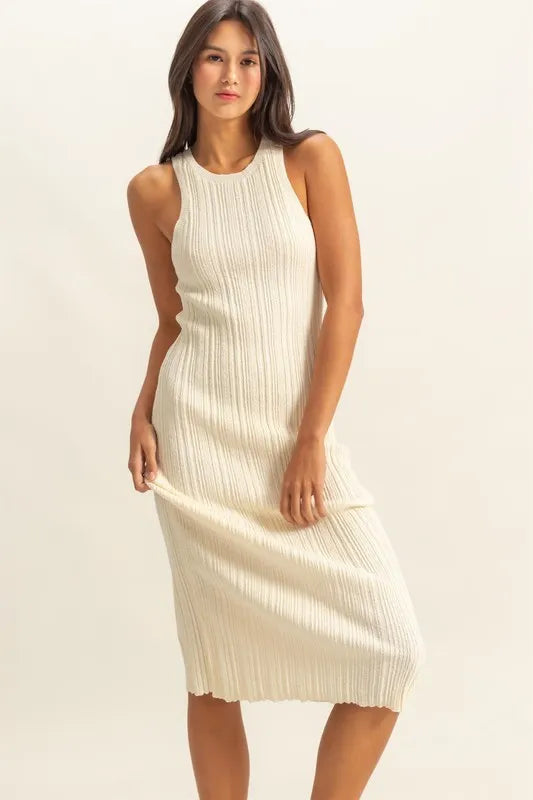 WHITE HYFVE White Round Neck Bodycon Ribbed Knit Dress | Midi Dresses Daverri Fashions