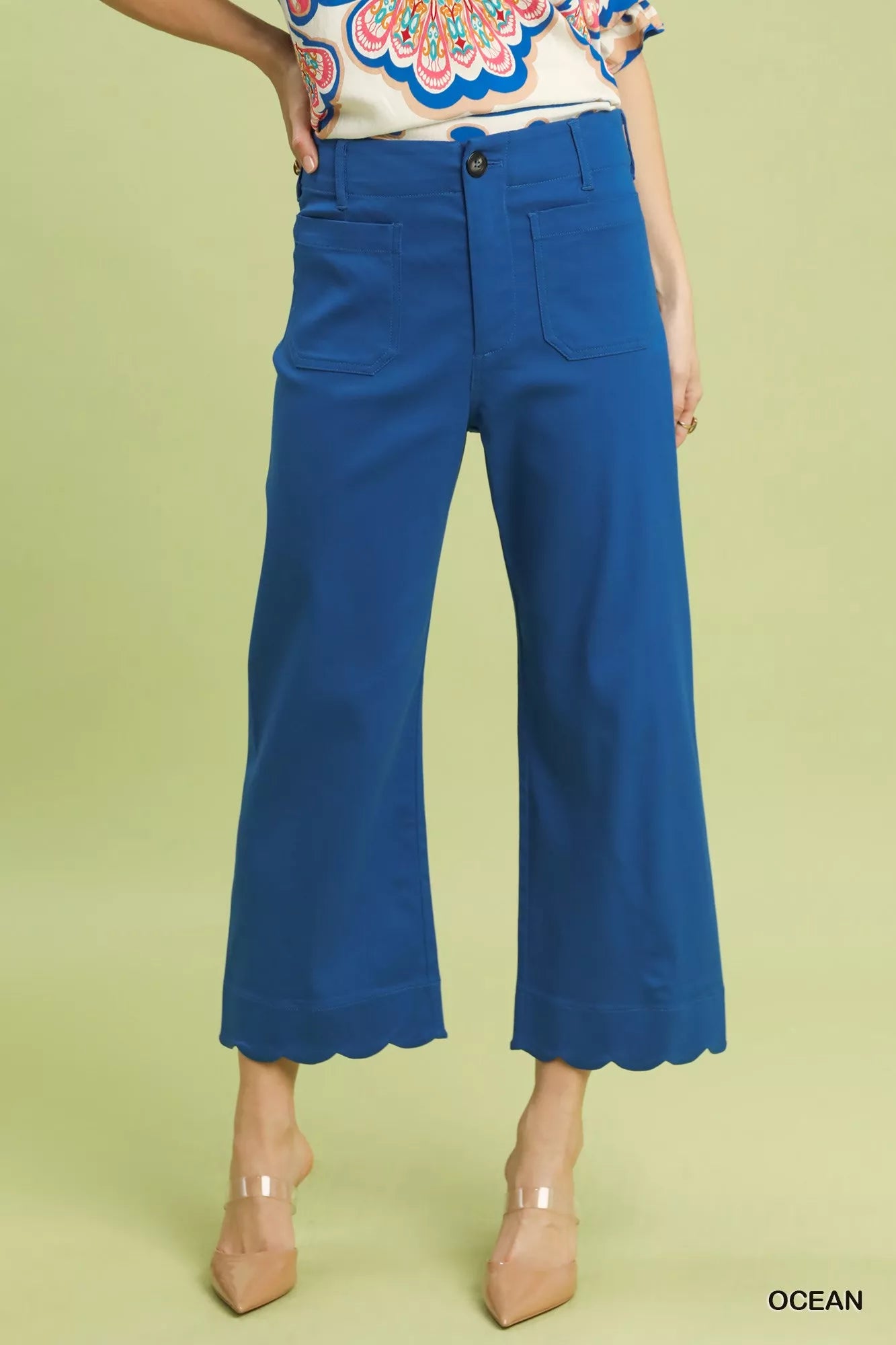 Bold cobalt blue Umgee Scallop Hem Wide Leg Pants with scalloped hem