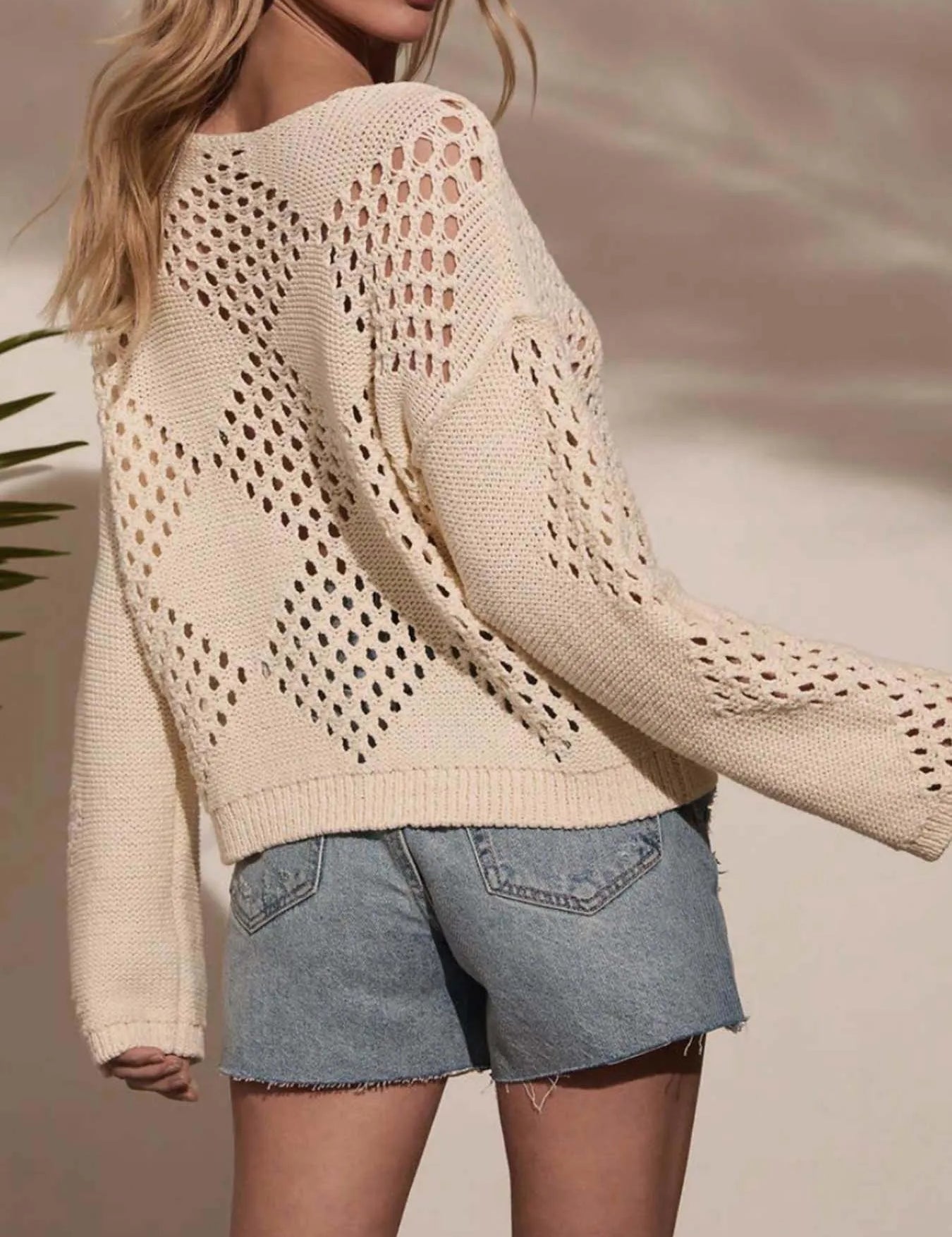 Openwork Boat Neck Long Sleeve Sweater | Sweaters Daverri Fashions