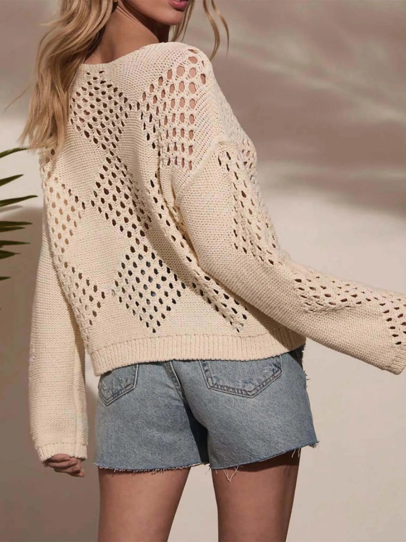 Openwork Boat Neck Long Sleeve Sweater | Sweaters Daverri Fashions