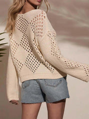 Openwork Boat Neck Long Sleeve Sweater | Sweaters Daverri Fashions