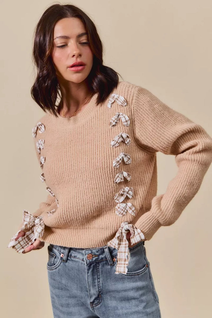 SO ME Checkered Plaid Tape Lace Up Ribbed Sweater | Daverri Fashions
