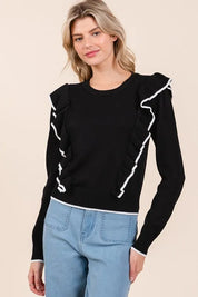 Mittoshop Contrast Trim Ruffled Round Neck Knit Top | Tops Daverri Fashions