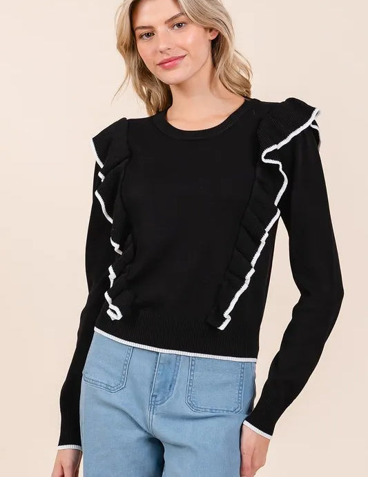 Mittoshop Contrast Trim Ruffled Round Neck Knit Top | Tops Daverri Fashions