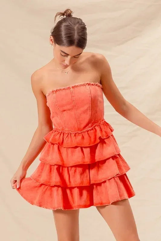 SO ME Strapless Ruffle Layered Game Day Cheer Up Dress - DAVERRI FASHIONS