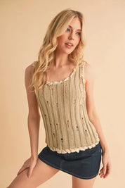 Aemi+Co Distressed Detail Round Neck Knit Tank | Daverri Fashions