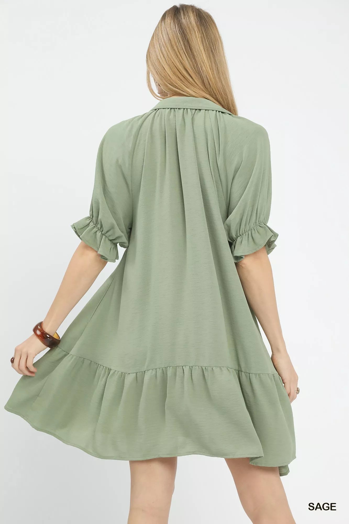 Sage-colored Umgee tiered puff sleeve babydoll dress with ruffles