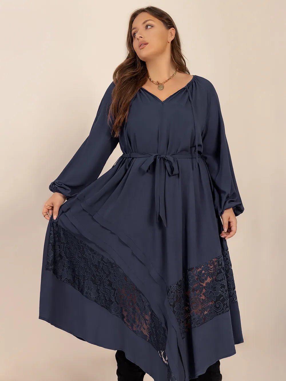 Plus Size Lace Detail Tie Neck Long Sleeve Midi Dress | Midi Dresses Daverri Fashions