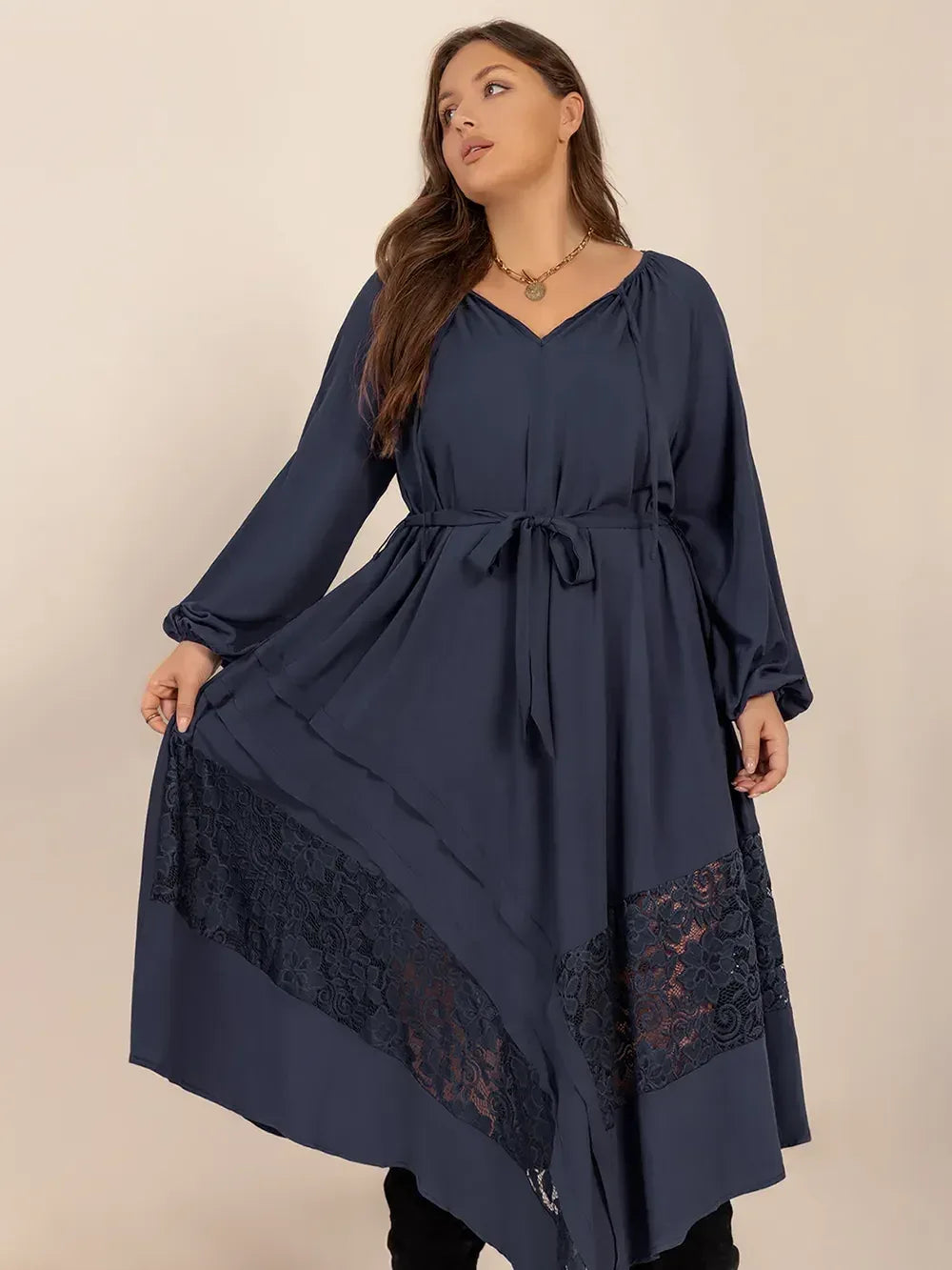 Plus Size Lace Detail Tie Neck Long Sleeve Midi Dress - DAVERRI FASHIONS