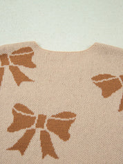Ribbon Bow Checkered Striped Sleeve Drop Shoulder Sweater | Sweaters Daverri Fashions