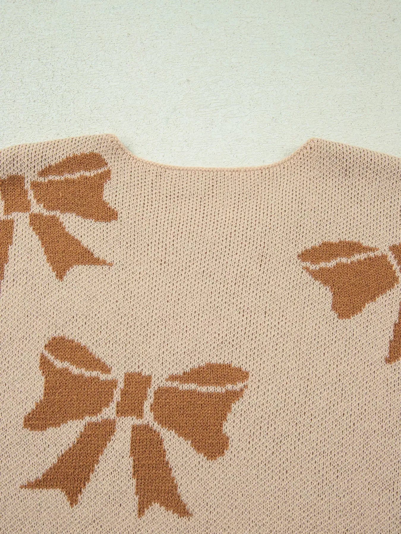 Ribbon Bow Checkered Striped Sleeve Drop Shoulder Sweater - DAVERRI FASHIONS