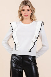 Ivory Mittoshop Contrast Trim Ruffled Round Neck Knit Top | Tops Daverri Fashions