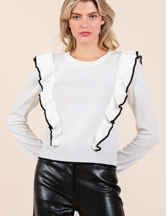Ivory Mittoshop Contrast Trim Ruffled Round Neck Knit Top | Tops Daverri Fashions
