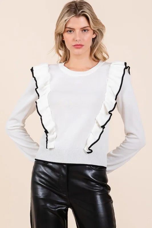 Ivory Mittoshop Contrast Trim Ruffled Round Neck Knit Top | Tops Daverri Fashions