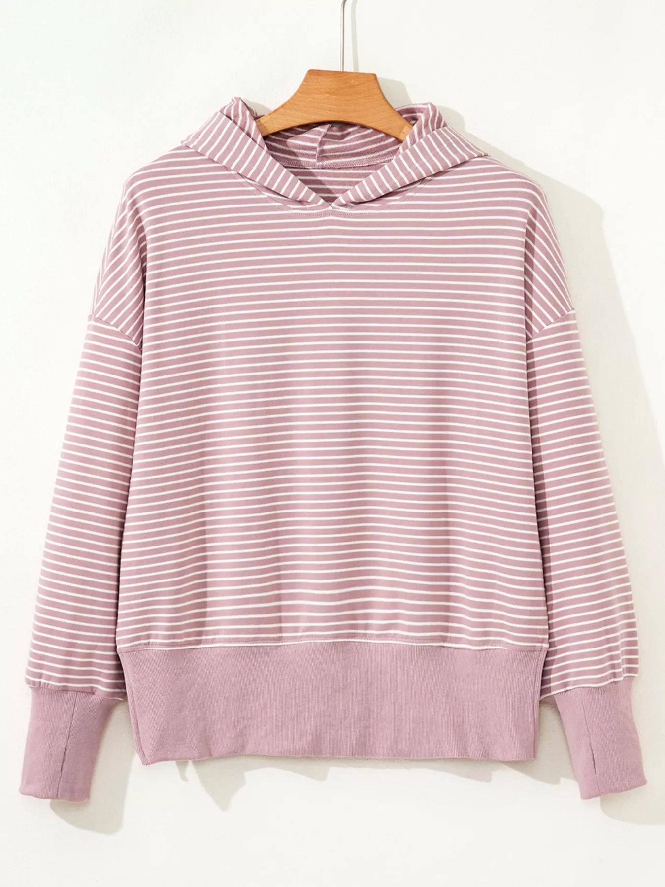 Dusty pink striped thumbhole side slits drop shoulder loose fit hoodie