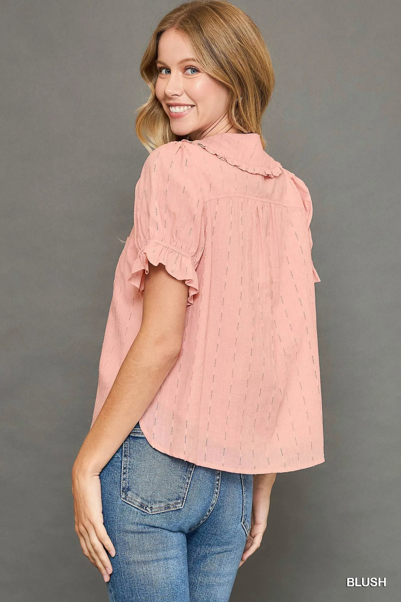 Blush Peter Pan collared blouse with ruffled sleeves and dotted texture