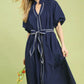 Navy blue Umgee ruffle collar midi dress with white beaded trim and self-tie belt