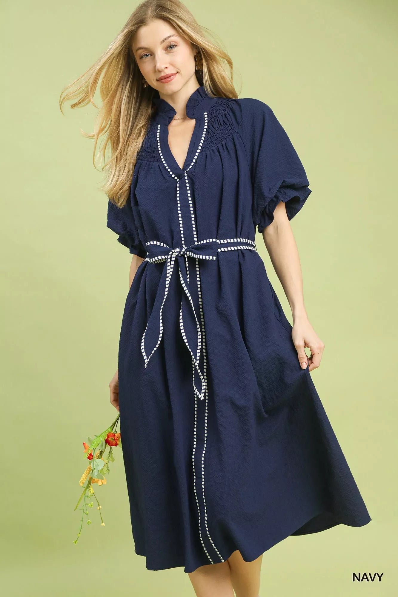 Navy blue Umgee ruffle collar midi dress with white beaded trim and self-tie belt
