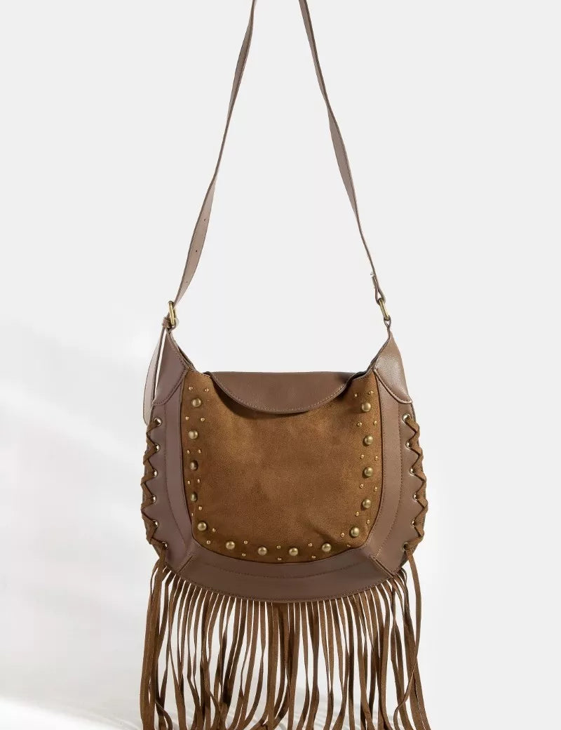 LBR one size Fame Rivet Trim Suede Fringe Shoulder Bag | Handbags Daverri Fashions