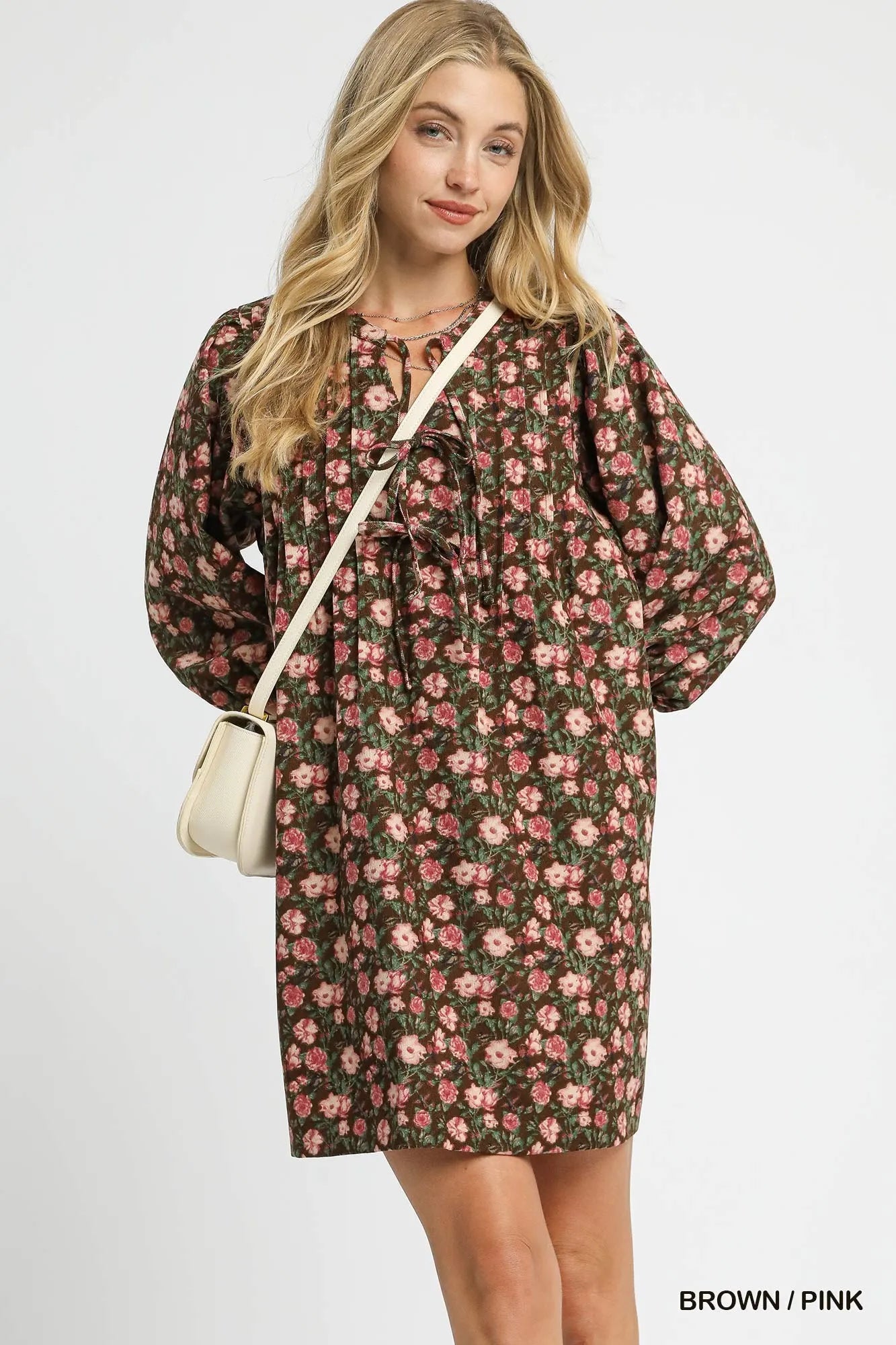 Umgee Floral Tie-Neck Babydoll Dress BROWN PINK