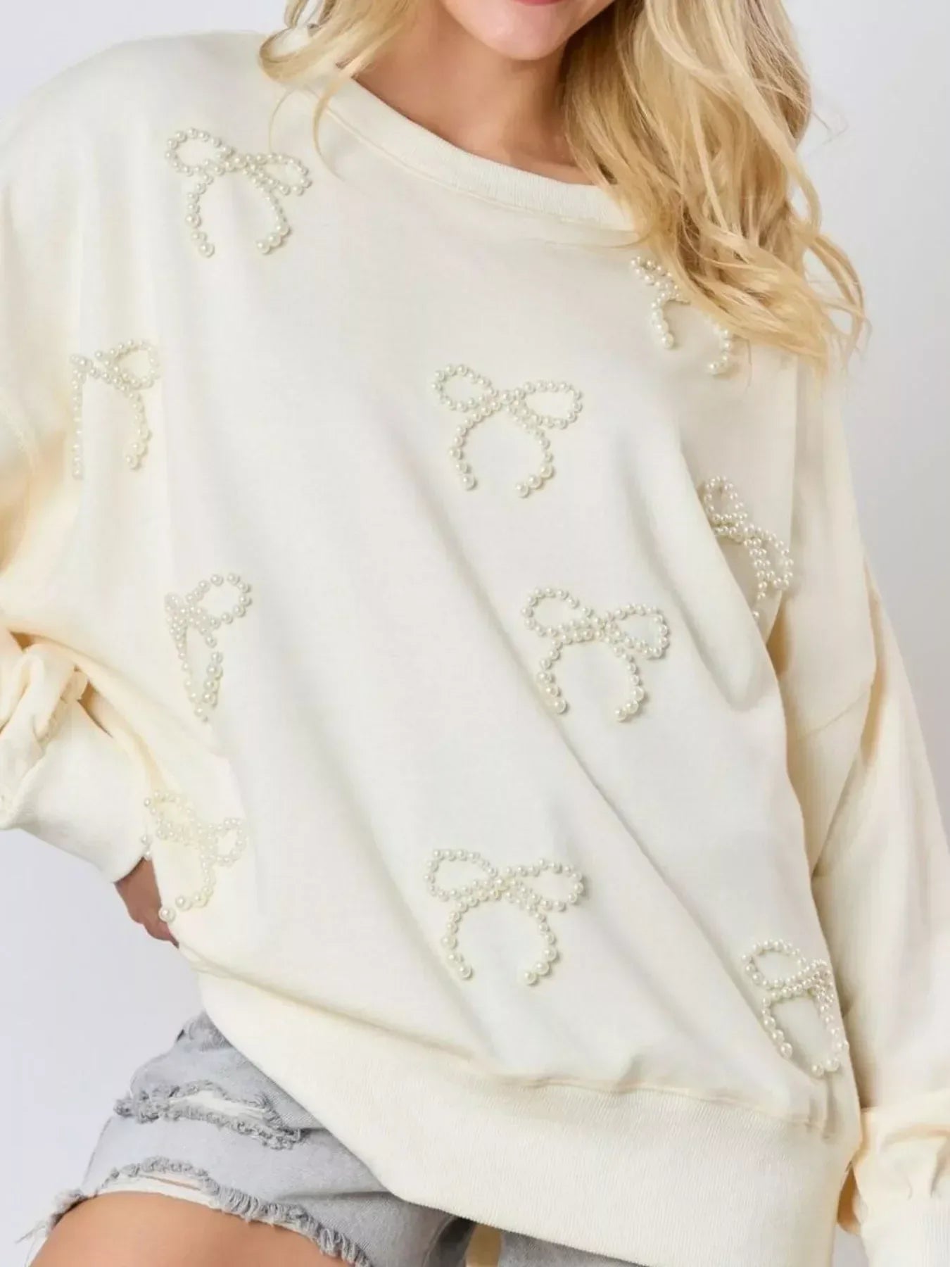 Pearl Embellished Bow Long Sleeve Sweatshirt - DAVERRI FASHIONS