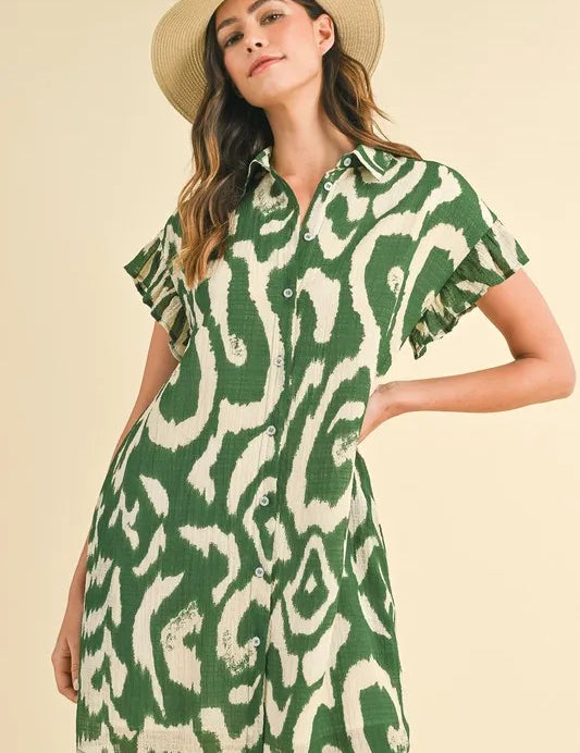 GREEN Annie Wear Abstract Printed Frill Sleeve Shirt Mini Dress | Daverri Fashions