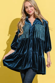 Teal And The Why Fringe Detailed Velvet Shirt Dress | Daverri Fashions