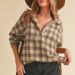 Aemi + Co Side Slit High-Low Plaid Long Sleeve Polo Shirt Oatmeal M Shirts