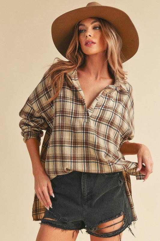 Aemi + Co Side Slit High-Low Plaid Long Sleeve Polo Shirt Oatmeal M Shirts