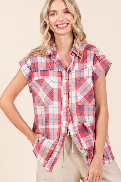 Mittoshop Mineral Wash Plaid Button Down Shirt Red Tops