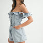 MABLE Off Shoulder Ruffle Detail Denim Romper Rompers