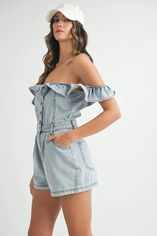 MABLE Off Shoulder Ruffle Detail Denim Romper Rompers