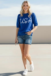 Haptics Patriotic USA Blue Knit Embroidery Puff Sleeve Sweater Top