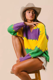 Multicolored BiBi Stitch Detail Mardi Gras Stripes V-Neck Sweater