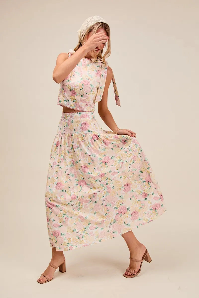 SO ME Floral Printed Woven Shoulder Bow Tie Top and Skirt Set Outfit Sets