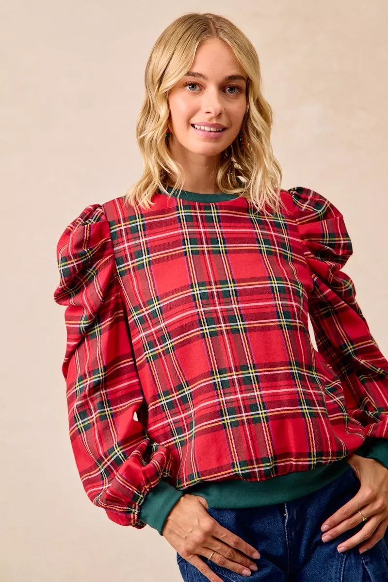 BiBi Christmas Plaid Exaggerated Shoulder Sleeves Top | Tops Daverri Fashions