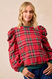 BiBi Christmas Plaid Exaggerated Shoulder Sleeves Top | Tops Daverri Fashions