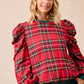 BiBi Christmas Plaid Exaggerated Shoulder Sleeves Top - DAVERRI FASHIONS