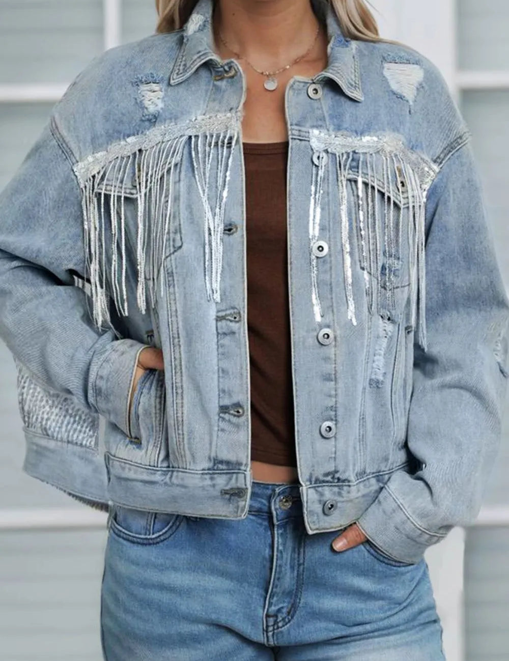 Sequin Fringe Trim Distressed Button Up Denim Jacket | Denim Jackets Daverri Fashions