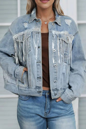 Sequin Fringe Trim Distressed Button Up Denim Jacket | Denim Jackets Daverri Fashions