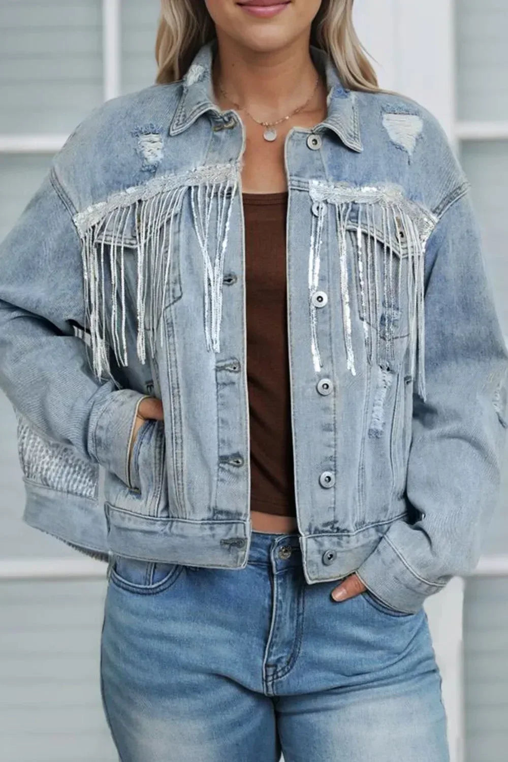 Sequin Fringe Trim Distressed Button Up Denim Jacket - DAVERRI FASHIONS