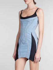 Blue Contrast Adjustable Strap Denim Dress | Daverri Fashions
