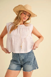 PINK Aemi+Co Ruched Striped Round Neck Sleeveless Top | Tops Daverri Fashions