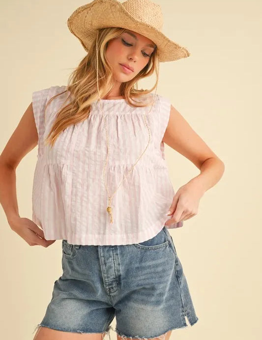 PINK Aemi+Co Ruched Striped Round Neck Sleeveless Top | Tops Daverri Fashions