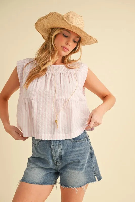 Aemi+Co Ruched Striped Round Neck Sleeveless Top PINK Tops