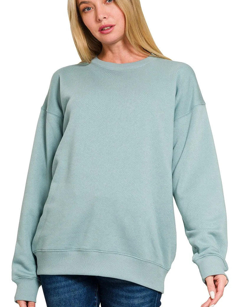 BLUE GREY Zenana Fleece Round Neck Sweatshirts | Sweatshirts Daverri Fashions