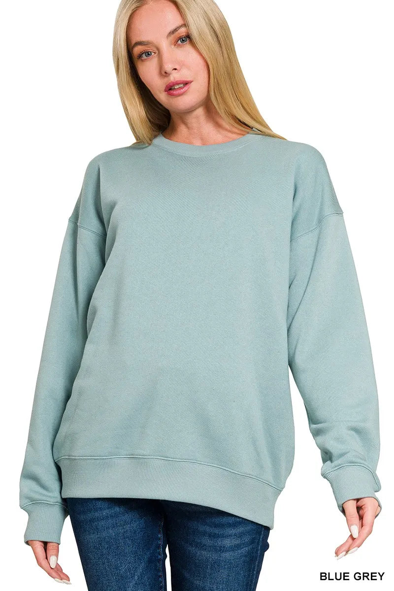 BLUE GREY Zenana Fleece Round Neck Sweatshirts | Sweatshirts Daverri Fashions