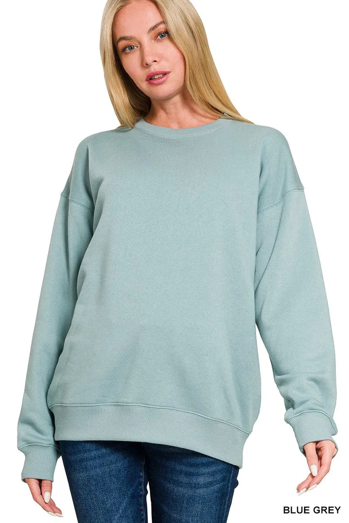 Zenana Fleece Round Neck Sweatshirts BLUE GREY Sweatshirts
