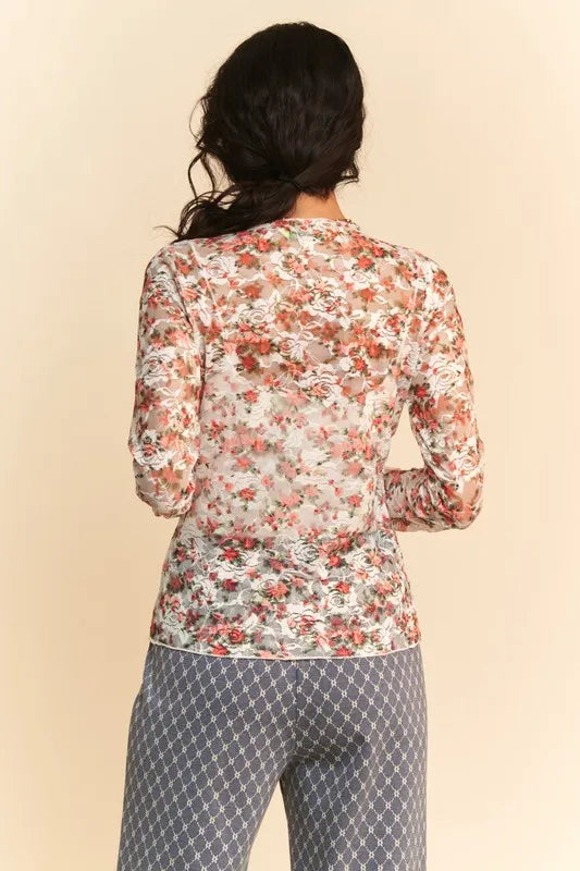 Davi & Dani Floral Print Mesh Long Sleeve Layering Top